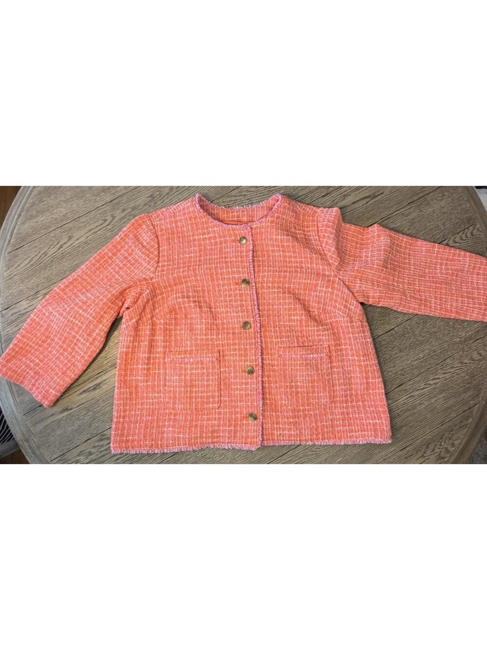 J. Jill Dahlia Tweed Blazer Jacket Orange Pink Fringe Button Front XL Petite